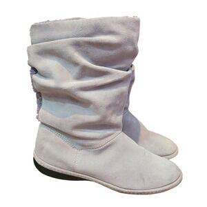 Lands End Gray Suede Lined Slouch Boots 8.5 Casual Winter Warm Vintage Leather